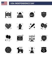 joyeux jour de l'indépendance usa pack de 16 glyphes solides créatifs de drapeau usa burger seurity américain modifiable usa day vector design elements