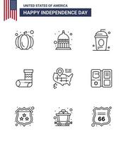 ensemble de 9 lignes modernes pack sur la carte de la fête de l'indépendance des états-unis cadeau cole festivité célébration éléments de conception vectoriels de la journée des états-unis vecteur