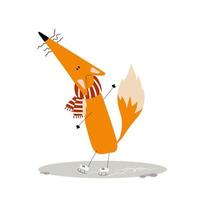 adorable renard patinant dans une écharpe rayée. clipart de dessin animé mignon pour noël ou le nouvel an. illustration vectorielle d'hiver vecteur