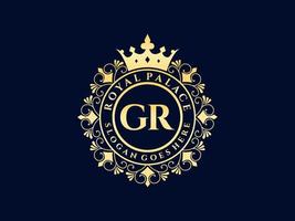 lettre gr logo victorien de luxe royal antique avec cadre ornemental. vecteur