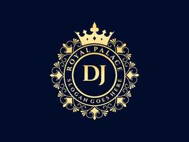 lettre dj logo victorien de luxe royal antique avec cadre ornemental. vecteur