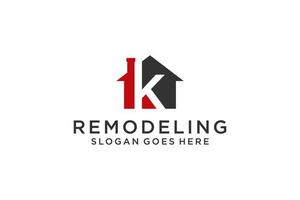 lettre k pour le logo de remodelage immobilier. construction architecture bâtiment élément de modèle de conception de logo. vecteur