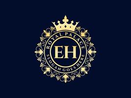 lettre eh logo victorien de luxe royal antique avec cadre ornemental. vecteur