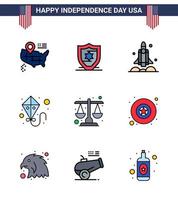 pack de 9 créatifs usa independance day liés plats remplis lignes d'échelle justice vaisseau spatial cour été modifiable usa day vector design elements