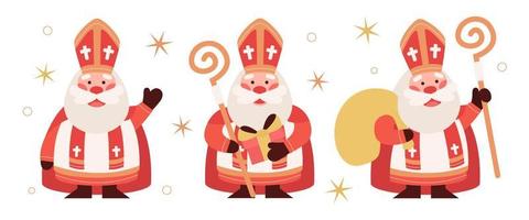 ensemble de mignons saint nicolas ou sinterklaas avec sac de cadeaux, coffret cadeau et personnel. bonne saint nicolas. personnage d'évêque de vieil homme. vacances chrétiennes d'hiver. illustration de dessin animé de mascotte. vecteur