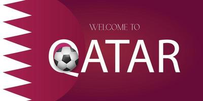 bienvenue au qatar. ballon de football 3d réaliste. affiche de sport, bannière, design moderne de flyer. police de concept sur fond de couleurs du drapeau qatar. vecteur