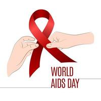 journée mondiale du sida. main dans la main avec un ruban rouge. aide à la conception de sensibilisation pour affiche, bannière, t-shirt. illustration vectorielle isolée sur fond blanc. vecteur