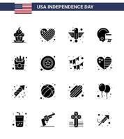 joyeux jour de l'indépendance 4 juillet ensemble de 16 glyphes solides pictogramme américain de football rapide amour aigle américain modifiable usa day vector design elements