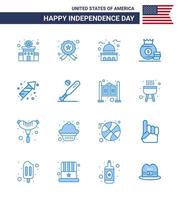 pack de 16 signes de blues de célébration de la fête de l'indépendance des états-unis et symboles du 4 juillet tels que la célébration de l'argent sac de construction blanc modifiable usa day vector design elements