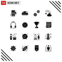 pack de 16 glyphes solides créatifs d'éléments de conception vectoriels modifiables remplis de ligne de contrôle de pluie de casque vecteur