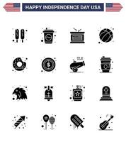 joyeux jour de l'indépendance usa pack de 16 glyphes solides créatifs de délicieux beignets vacances usa ball modifiables usa day vector design elements