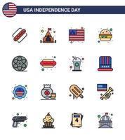 joyeux jour de l'indépendance pack de 16 signes et symboles de lignes remplies à plat pour le drapeau vidéo de hot-dog jouer repas éléments de conception vectoriels modifiables usa day vecteur