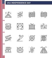 joyeux jour de l'indépendance pack de 16 lignes signes et symboles pour les états-unis loisirs drapeau divertissement états-unis modifiables éléments de conception de vecteur de jour des états-unis