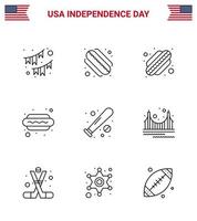 pack de 9 lignes créatives liées à la fête de l'indépendance des états-unis de sports de pont boule de chauve-souris de hot-dog modifiables éléments de conception vectorielle vecteur