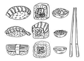 jeu de gribouillis de sushis et de rouleaux. cuisine japonaise dans le style de croquis. illustration de vecteur dessiné à la main isolé sur fond blanc