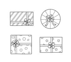 icônes de cadeaux avec des arcs. papier d'emballage d'éléments vectoriels doodle. un ensemble de coffrets cadeaux pour les vacances. isoler sur une illustration de fond blanc. vecteur