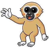 dessin animé mignon singe gibbon aux mains blanches agitant la main vecteur