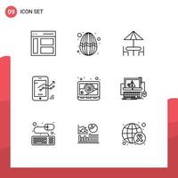 aperçu de l'interface mobile ensemble de 9 pictogrammes d'éléments de conception vectoriels modifiables de table graphique de décoration mobile stat vecteur