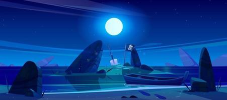 paysage nocturne de la mer, du bateau et du drapeau pirate vecteur