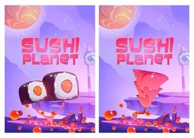 affiches de dessin animé de la planète sushi avec des rouleaux de riz. vecteur