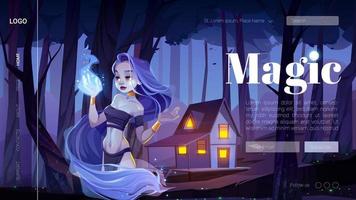 bannière magique avec une fille mystique dans la forêt de nuit vecteur