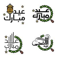 pack moderne de 4 eidkum mubarak arabe traditionnel typographie coufique carrée moderne texte de salutation décoré d'étoiles et de lune vecteur