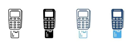 terminal de paiement avec ligne de carte de crédit insérée et jeu d'icônes de silhouette. pictogramme de transaction financière de service bancaire. insertion de la carte dans le symbole pos sur fond blanc. illustration vectorielle isolée. vecteur