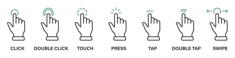 doigt de la main toucher, glisser, cliquer, appuyer et appuyer sur l'ensemble d'icônes de ligne. icône de contour gauche et droite de la diapositive de geste. double-cliquez et appuyez sur le signe. trait modifiable. illustration vectorielle isolée. vecteur