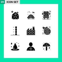 pack de 9 signes et symboles de glyphes solides modernes pour les supports d'impression Web tels que le jour de la terre usine construction publique voiture éléments de conception vectoriels modifiables vecteur