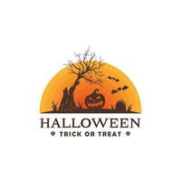 truc ou friandise d'halloween avec des silhouettes d'arbres séchés et de citrouilles qui sont un modèle de conception de logo effrayant vecteur