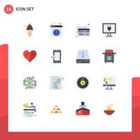 16 signes universels de couleur plate symboles de pause amour carte coeur internet pack modifiable d'éléments de conception de vecteur créatif