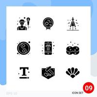 pack de 9 signes et symboles de glyphes solides modernes pour les supports d'impression Web tels que le diviseur de taxi yin yang nouveaux éléments de conception vectoriels modifiables vecteur