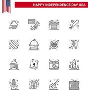 4 juillet usa joyeux jour de l'indépendance icône symboles groupe de 16 lignes modernes de gâteau hotdog cinéma américain chauve-souris modifiable usa day vector design elements