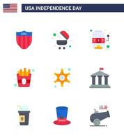 pack de 9 signes d'appartements de célébration de la fête de l'indépendance des états-unis et symboles du 4 juillet tels que le signe de la police police machine men food modifiable usa day vector design elements