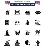 pack de glyphes solides de 16 symboles de la fête de l'indépendance des états-unis du téléphone vecteur