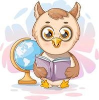 hibou de dessin animé avec un livre et un globe vecteur