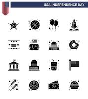 pack de 16 glyphes solides liés à la fête de l'indépendance des états-unis créatifs de décoration de fête états-unis célébrer la fusée de transport éléments de conception vectoriels modifiables de la journée des états-unis vecteur