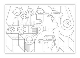 groupe de personnes et dessin au trait de formes géométriques abstraites vecteur