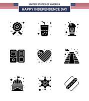 usa joyeux jour de l'indépendancepictogramme ensemble de 9 glyphes solides simples de drapeau étoile bouteille livre américain modifiable usa day vector design elements