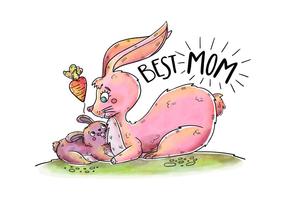Cute Bunny, maman et fils, avec des lettrages et des carottes de coeur vecteur