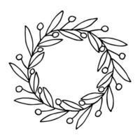 cadre de branche dessiné à la main avec des baies et des feuilles. doodle de couronne de noël. clipart d'hiver. vecteur