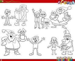 dessin animé santa clauses donnant des cadeaux de noël aux enfants coloriage vecteur