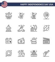 16 usa line pack de signes et symboles de la fête de l'indépendance de la tente gâteau muffin américain sucré gratuit modifiable éléments de conception vectorielle usa day vecteur