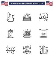 groupe de 9 lignes définies pour le jour de l'indépendance des états-unis d'amérique tels que fire usa drapeau bouteille de boisson modifiable usa day vector design elements