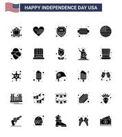 ensemble de 25 pack de glyphes solides modernes le jour de l'indépendance des états-unis thanksgiving bouclier américain hot i dog modifiable usa day vector design elements