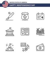 pack de 9 lignes de célébration de la fête de l'indépendance des états-unis et symboles du 4 juillet tels que livre drapeau de sécurité américain américain modifiable usa day vector design elements