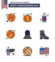 joyeux jour de l'indépendance usa pack de 9 lignes créatives remplies à plat de shose pierre tombale vin tombe usa modifiable usa day vector design elements