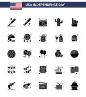 pack de 25 glyphes solides liés à la fête de l'indépendance des états-unis créatifs de la main américaine de la journée des états-unis vecteur
