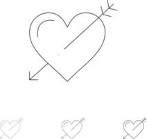 coeur flèche vacances amour saint valentin gras et mince ligne noire jeu d'icônes vecteur