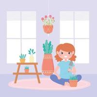 concept de jardinage domestique avec fille et plantes en pot vecteur